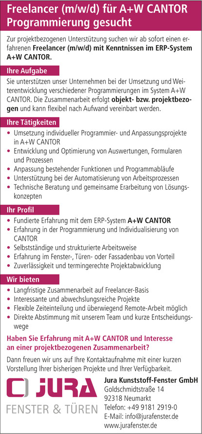 Stellenanzeige JURA Fenster