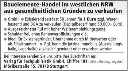 Bauelemente-Handel im westlichen NRW aus gesundheitlichen Grnden zu verkaufen